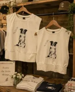 ボーダーコリー　親子コーデ　 ノースリーブ Tシャツ 犬プリント　ベージュのサムネイル