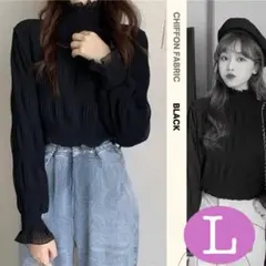 シフォンブラウス シアートップス シースルー フリル 長袖 ブラック 韓国 L