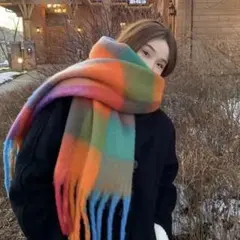 マルチ チェックカラー マフラー 赤 ショール 大判 あったか プレゼント