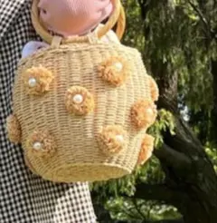 新品ZARAパール付きベージュかごバッグ Mサイズ