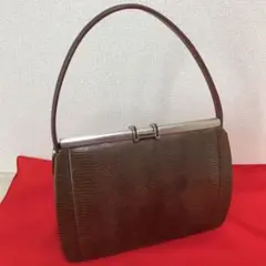 マルウ ハンドバッグ リザード ブラウン系 ミラー付 がま口付 