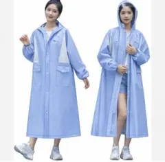 レインコート　Ｍサイズ　ブルー　二重つば　リュック対応　収納袋付　雨具　ポンチョ