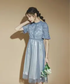 ドリードール ギャザーデザインレース×チュールドレス 結婚式 ブルー M 新品