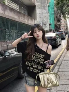 SHEIN ストリートスタイル オフショルダー 半袖Tシャツ