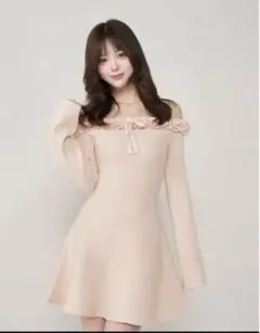 Darich ダーリッチ オフショルダーフリルニットミニワンピース ピンク