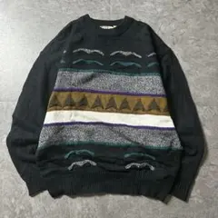 90s ヴィンテージ 立体デザイン 3Dニット 総柄 ブラック 黒系 XL