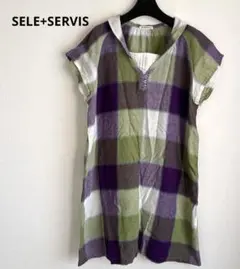 SELF+SERVICEチェック柄ワンピース フレンチスリーブ麻混 ゆったりL