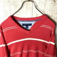 トミーヒルフィガー 刺繍 ニット セーター ボーダー ピンク アメリカ古着