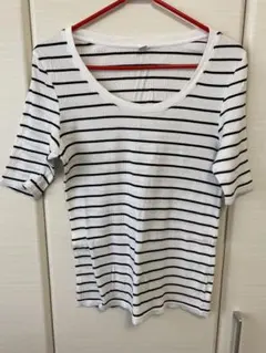 UNIQLO リブボーダー　Lサイズ　スクエアネック 五分袖カットソー