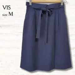 ヴィス VIS ひざ丈スカート ネイビー M ウエストゴム ベルトリボン