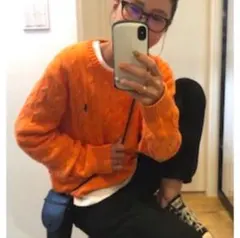 ラルフローレン　オレンジ　ニット　ケーブルニット　M