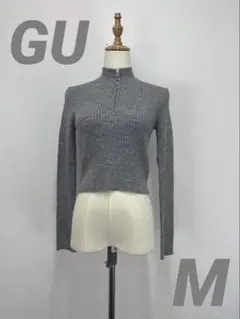 GU グレー系　ハーフジップ　リブニット長袖カットソーM【中古】E51