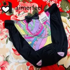 ★aimerfeel★カラフルショーツ★リボン付きパンツ下着★ブラックピンクM★