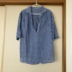 無印良品　強撚ガーゼ　五分袖チュニック　チェック ブルー Mのサムネイル