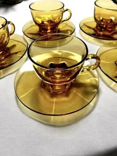 昭和レトロ　アンバー ガラス製 ティーカップ 5個セット