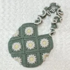 モチーフ編みバッグ グラニースクエア ハンドメイド グリーン かぎ針編み