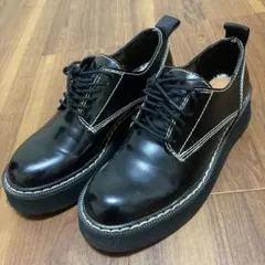 【美品】ZARA 厚底ローファー 36 黒 エナメル 白ステッチ 紐靴