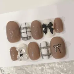 くまさんネイル　リボンネイル　チェック柄ネイル　ココアブラウン✖️ミルク