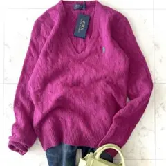 未使用タグ付 ポロラルフローレン ウール カシミヤ ケーブルニット vネック M