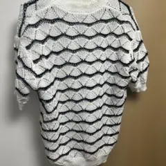 ホワイト ネイビー 波模様 ニットセーター 半袖