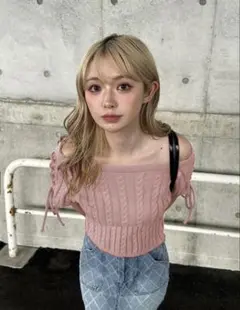 オフショル ニット トップス ピンク レディース S M L フリーサイズ 半袖