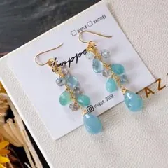 14kgfミルキーアクアマリンチェッカーカット・グランディディエライトピアス