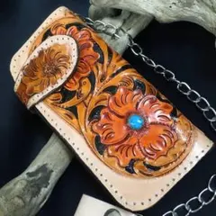 新品 本革レザー カービング長財布 ロングウォレット チェーン付き メンズ 07