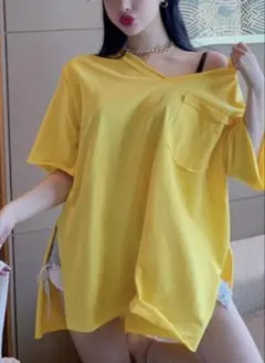 【新品】VネックTシャツ オーバーサイズ ゆったり 半袖 イエロー 春夏のサムネイル