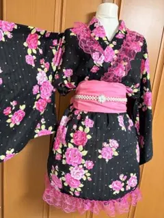 浴衣ドレス おまけ帯付き 4カ所レース 黒地 姫ギャル 地雷ロリータ