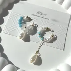 お花付きイヤーカフセット！　ターコイズカラー