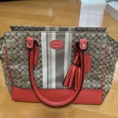 COACH ハンドバッグ ベージュ/レッド ストライプ