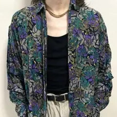 ユニセックス　古着　ボタニカル柄　シャツ　総柄　長袖　アート柄　グレー　個性的