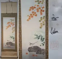 真作】掛軸 北澤映月（櫻園） 亀図 水墨淡彩 小品 桜花添え 合箱入 X68