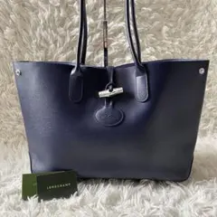 ロンシャン　ロゾ　トートバッグ　レザー　ネイビー　水色　ロゴ　肩掛け　A4可能