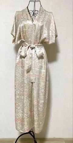 着物リメイク和風花柄ロングドレス ウエストリボン付きワンピースマタニティ