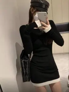 SHEIN ブラックニットミニタイトワンピ ワンホン