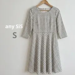 【美品】any SiS チェック柄 ひざ丈ワンピース 七分袖 Sサイズのサムネイル