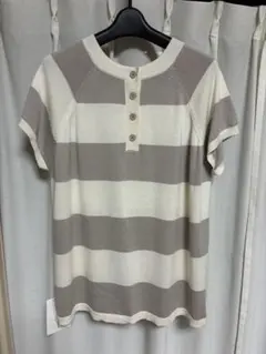ボーダー 半袖ニット グレージュ L