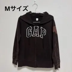 GAP ジップアップパーカー ブラウン ロゴ刺繍　M ブリーチ加工　リメイク