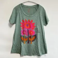 ナチュラルライフ 花柄 Tシャツ Uネック 半袖 裾フレア M相当 緑 綿 散歩