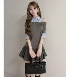 ネックリボンプリーツニットミニワンピース グレー ダーリッチ darich