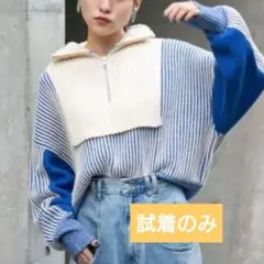 KBF レイヤードハーフZIPニット ストライプ ハイネック　ニット