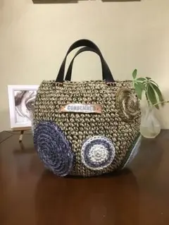 オモシロ麻紐バッグ　麻紐×ブラックモヘア　本革持ち手