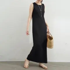 選べる2TYPEシンプルワンピース★ロング丈Tシャツノースリーブワンピース黒色のサムネイル