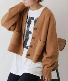 フレームワーク ウールカシミヤVネックショートカーディガン キャメル