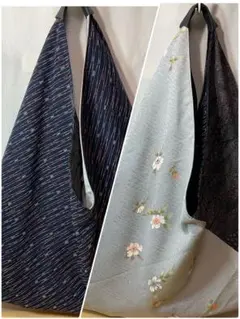 アンティーク紬×桜ちりめん絹2柄合わせあずま袋三角バッグリバーシブルハンド８３８