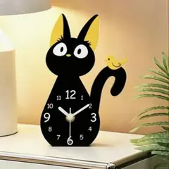 猫型置き時計　黒猫　鳥さんと一緒　静音設計のサムネイル