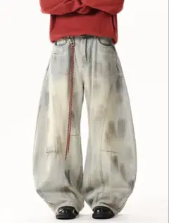 バルーンデニム　汚れ加工　ウォッシュ加工　ワイドデニム　韓国系　ストリート