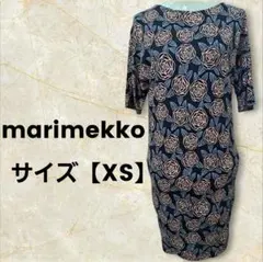 【美品】marimekko ワンピース 花柄 薔薇 バラ 半袖 ブラック 大きめ