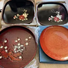 (^-^)昭和レトロ*漆器盆セット花柄装飾 4点セット*